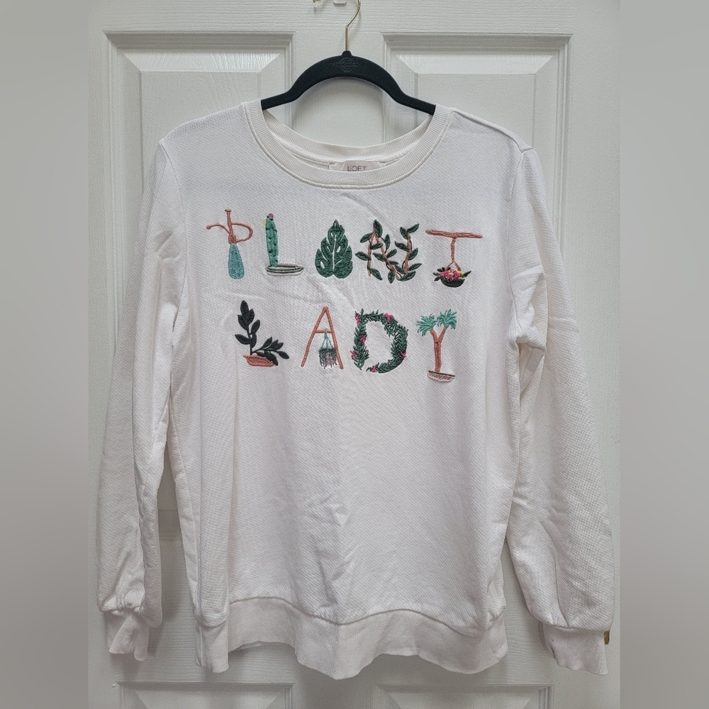 Loft Womens White Embroidered 'Plant Lady' Crew Neck Sweatshirt Size Small